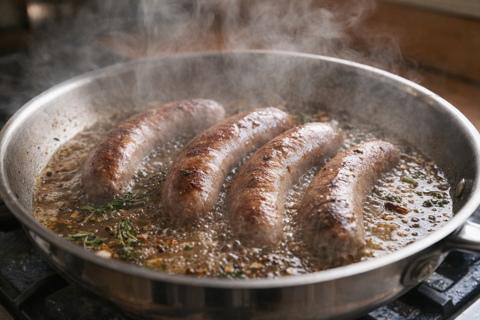 An action shot of sausages simmering in a flavorful broth in a stainless steel skillet, steam rising, visible herbs and spices in the liquid.